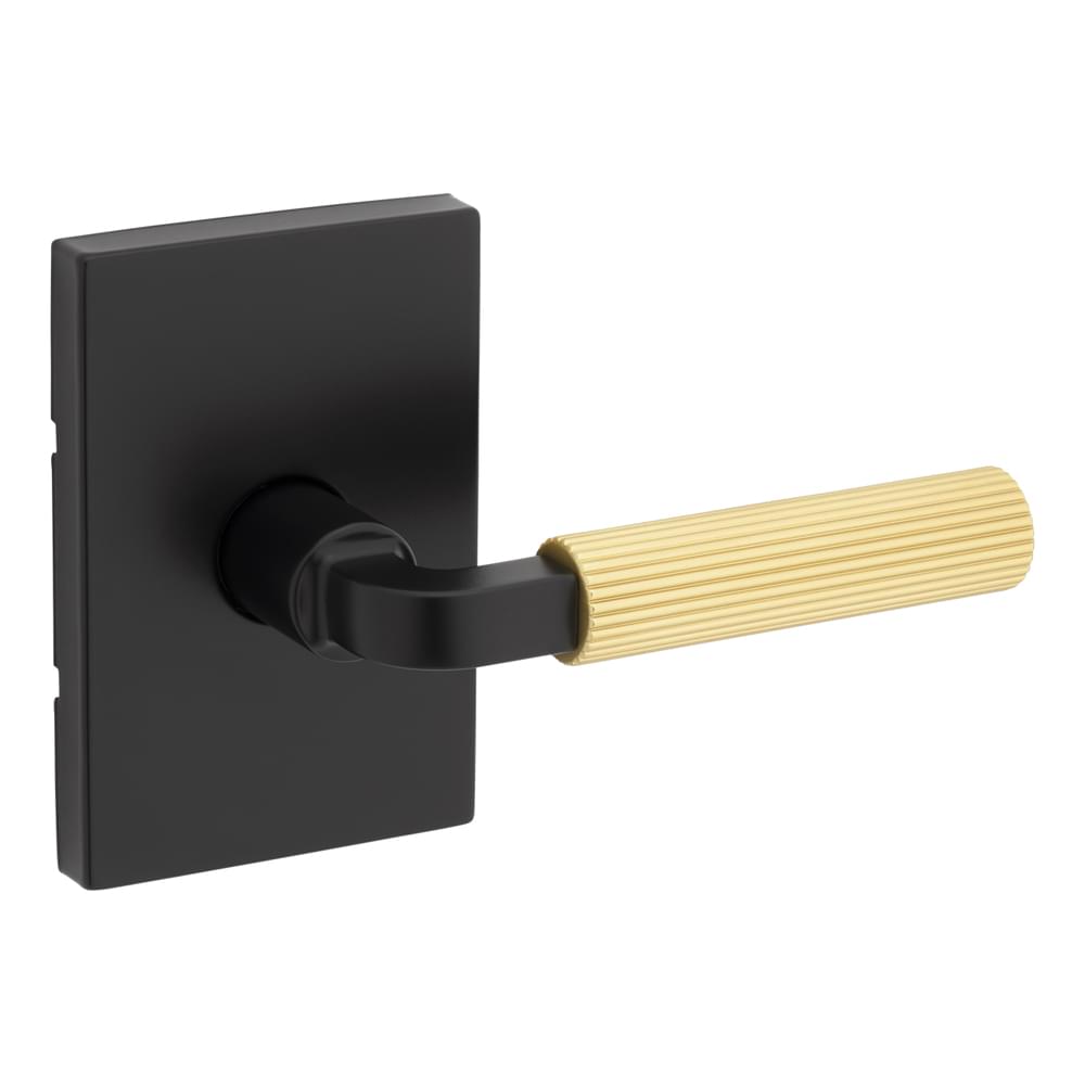 Kwikset 720MALRCT-514X4 Mirada Reeded Pattern Lever with Satin Brass Grip with Contemporary Rectangular Rose Passage Door Lock with 6AL Latch and RCS Strike Matte Black Finish.