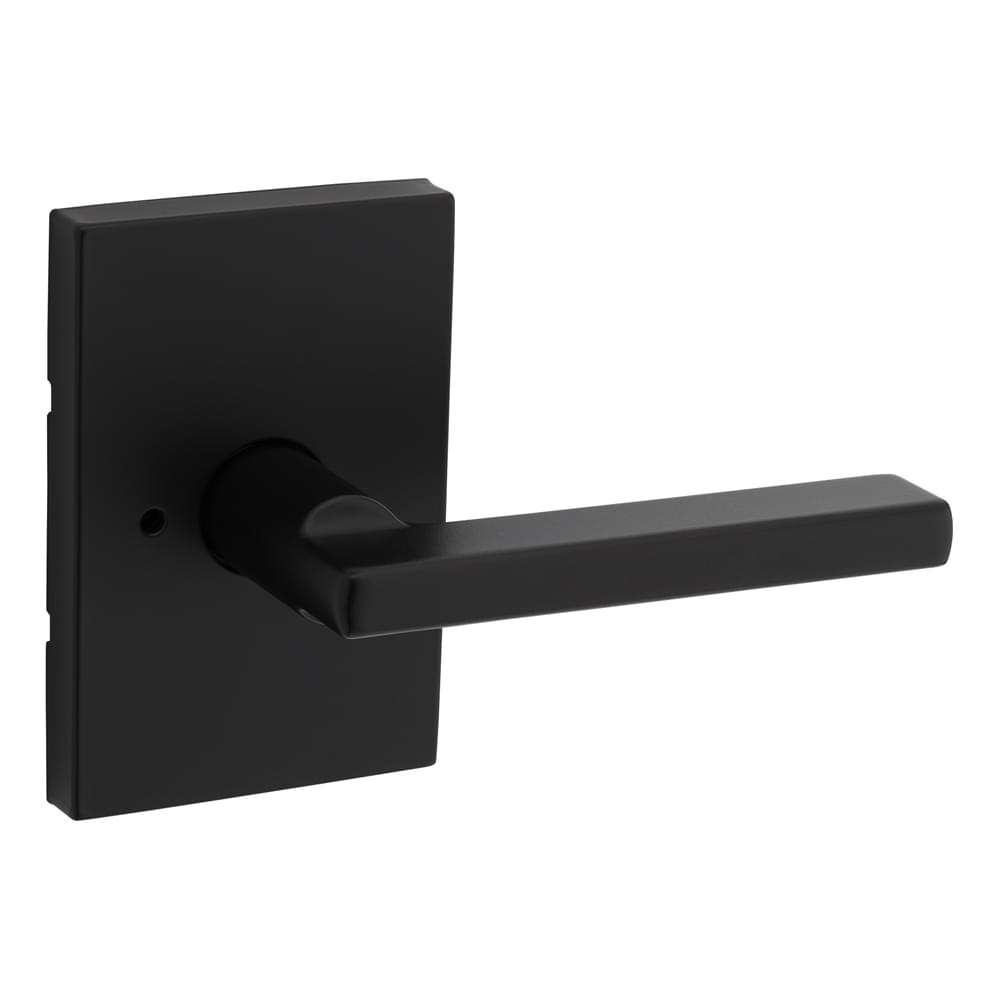 Kwikset 730HFLRCT-514 Halifax Lever with Rectangular Rose Privacy Door Lock with 6AL Latch and RCS Strike Matte Black Finish.