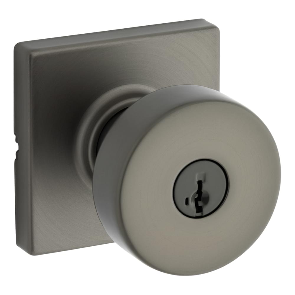 Kwikset 740PSKSQT-18GS Pismo Knob with Square Rose Entry Lock SmartKey with 6AL Latch and RCS Strike KA3 Gunmetal Finish.