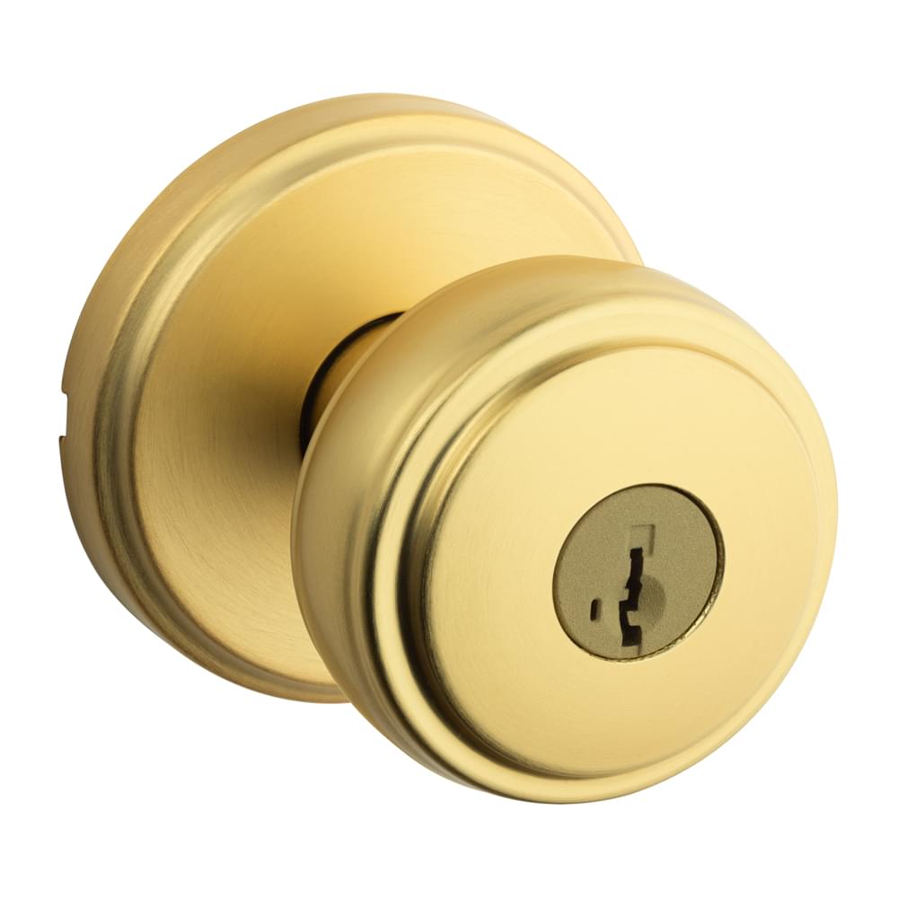 Kwikset 740SOK-4S Sora Knob with Traditional Round Rose Entry Door Lock SmartKey with 6AL Latch and RCS Strike Satin Brass Finish.