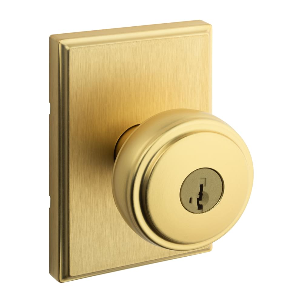 Kwikset 740SOKTRCT-4S Sora Knob with Traditional Rectangular Rose Entry Door Lock SmartKey with 6AL Latch and RCS Strike Satin Brass Finish.