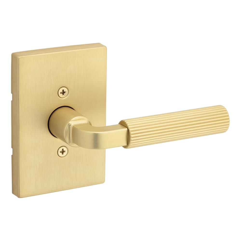 Kwikset 788MALRCT-4 Mirada Reeded Pattern Lever with Contemporary Rectangular Rose Half Dummy Door Lock Satin Brass Finish.