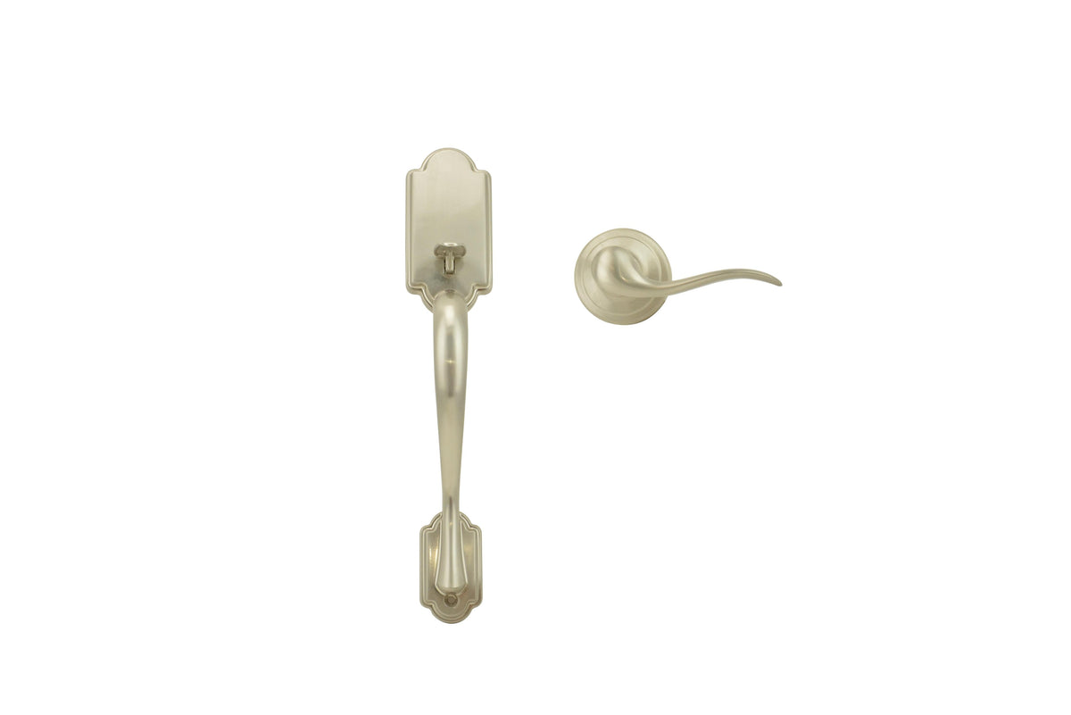 Kwikset 815ANXTNLLH-15 Left Hand Passage Arlington Handleset with Interior Left Hand Tustin Trim; No Deadbolt with 6AL Latch and RCS Strike Satin Nickel Finish.