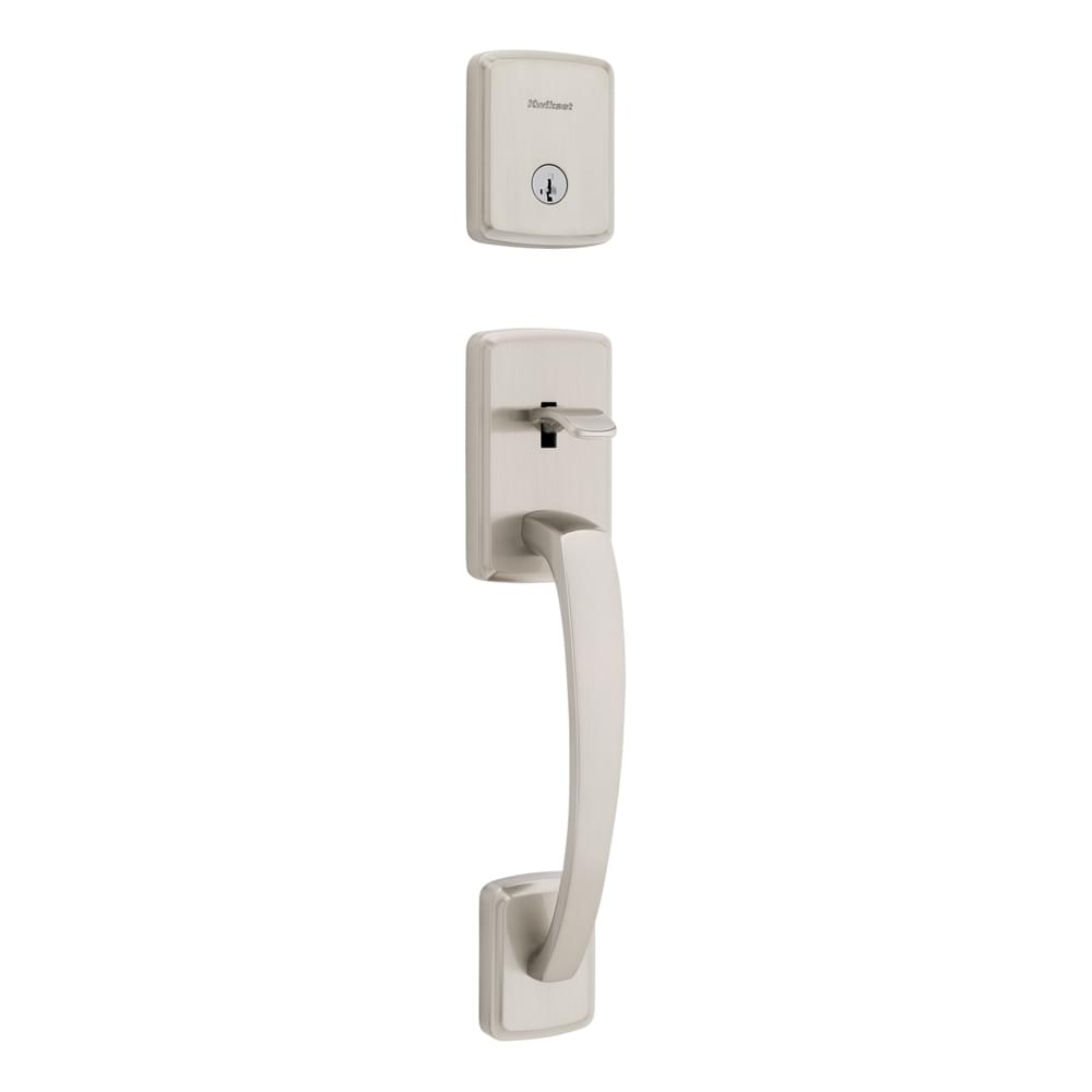 Kwikset 818BFHLIP-15S.STRKP Single Cylinder Brentford Exterior Handleset with SmartKey with 6AL Latch and STRKP Strike Pack which includes Square Corner; Round Corner and 5303 Round Corner Full Lip Strikes Satin Nickel Finish.