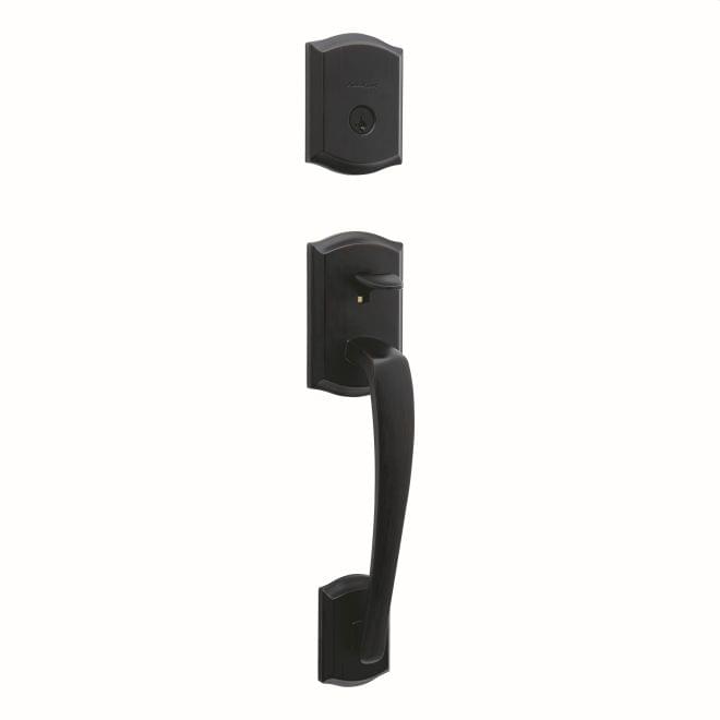 Kwikset 818PTHLIP-11PS.STRKP Single Cylinder Prescott Exterior Handleset with SmartKey with 6AL Latch and STRKP Strike Pack which includes Square Corner; Round Corner and 5303 Round Corner Full Lip Strikes Venetian Bronze Finish.
