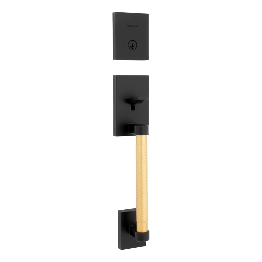 Kwikset 818PVHLIP-5144S.STRKP Single Cylinder Prava Exterior Handleset with Satin Brass Grip with SmartKey with 6AL Latch and STRKP Strike Pack which includes Square Corner; Round Corner and 5303 Round Corner Full Lip Strikes Matte Black Finish.