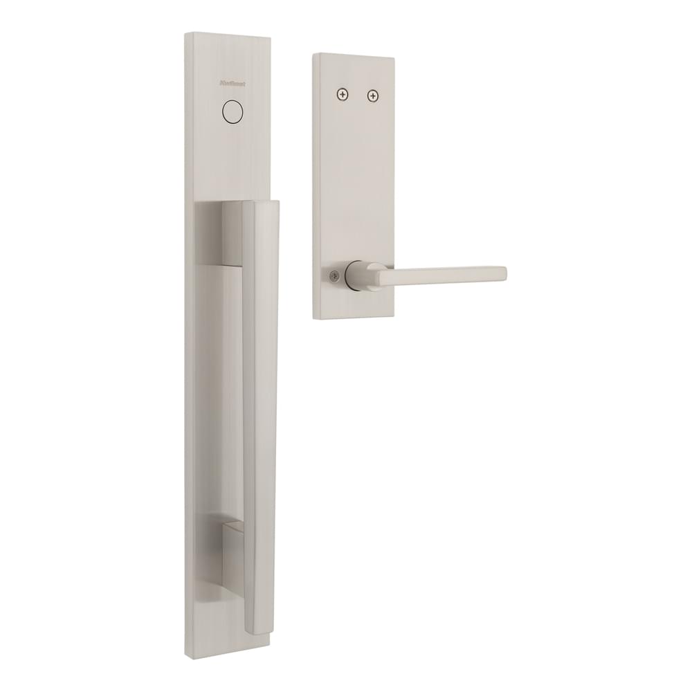 Kwikset 819CRHXHFLSQF-15 Dummy Caerus Exterior Handleset with Halifax Lever Trim with Square Full Escutcheon Satin Nickel Finish.