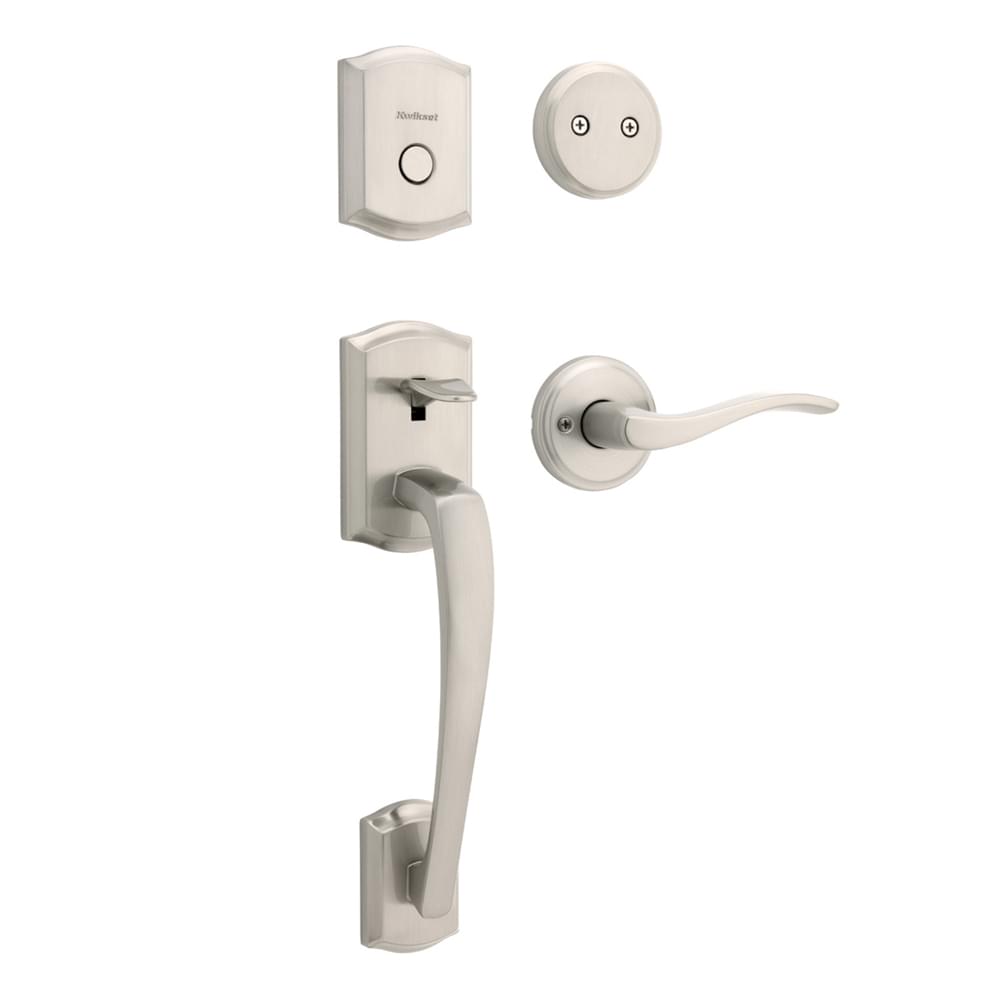 Kwikset 819PTHXSEL-15 Dummy Prescott Exterior Handleset with Sedona Lever Interior Trim Satin Nickel Finish.