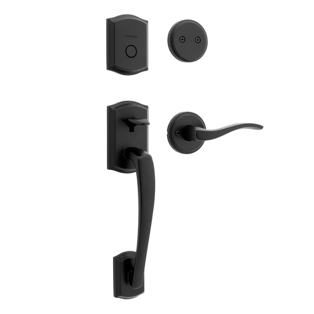 Kwikset 819PTHXSEL-514 Dummy Prescott Exterior Handleset with Sedona Lever Interior Trim Matte Black Finish.