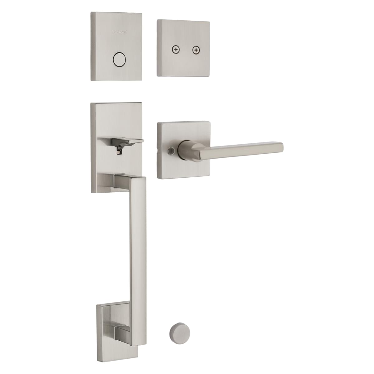 Kwikset CP819SCEHFLSQT-15 Clear Pack Dummy San Clemente Exterior Handleset with Halifax Lever with Square Rose Interior Trim Satin Nickel Finish.