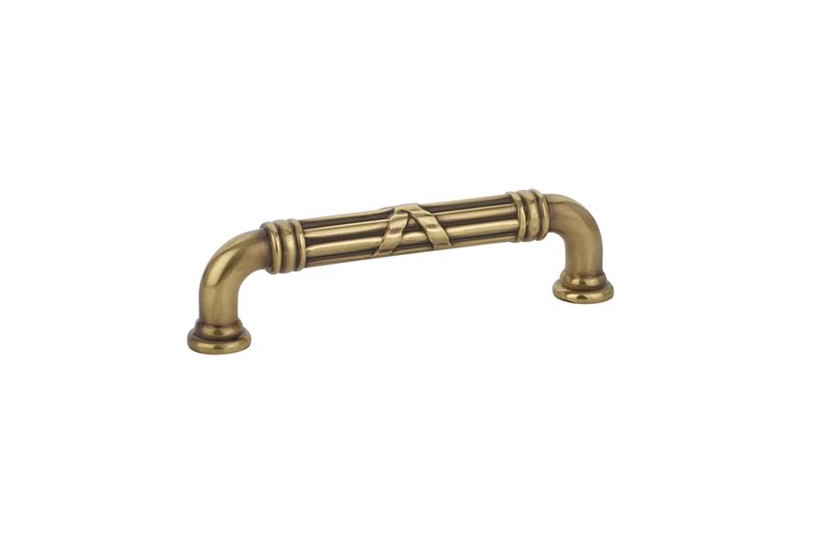 Emtek 86285US7 Ribbon and Reed Fixed Cabinet Pull with 4" Center To Center French Antique Brass Finish.