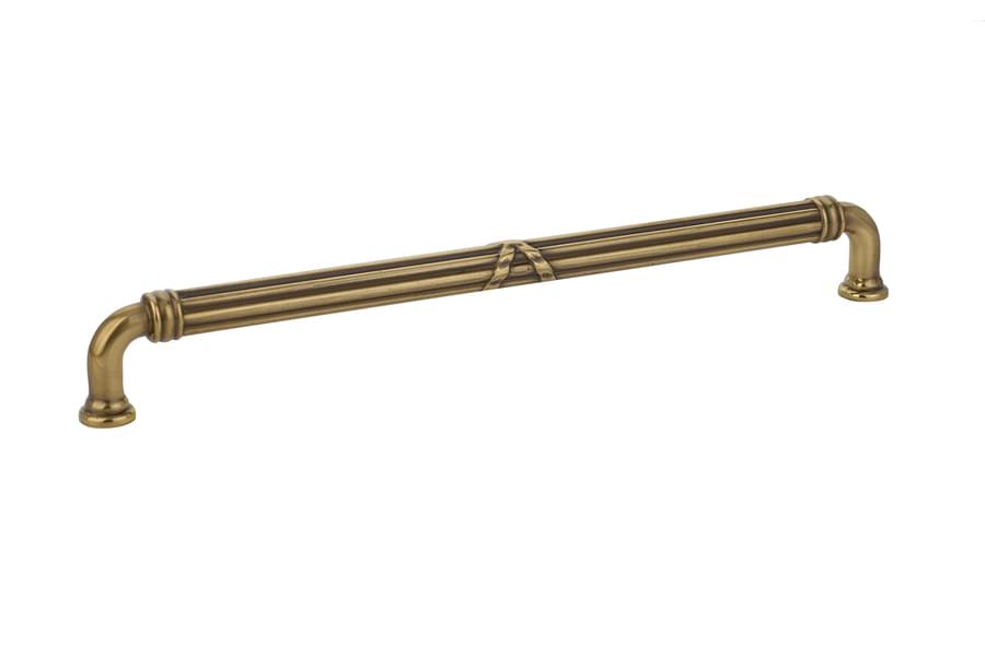 Emtek 86287US7 Ribbon and Reed Fixed Cabinet Pull with 10" Center To Center French Antique Brass Finish.
