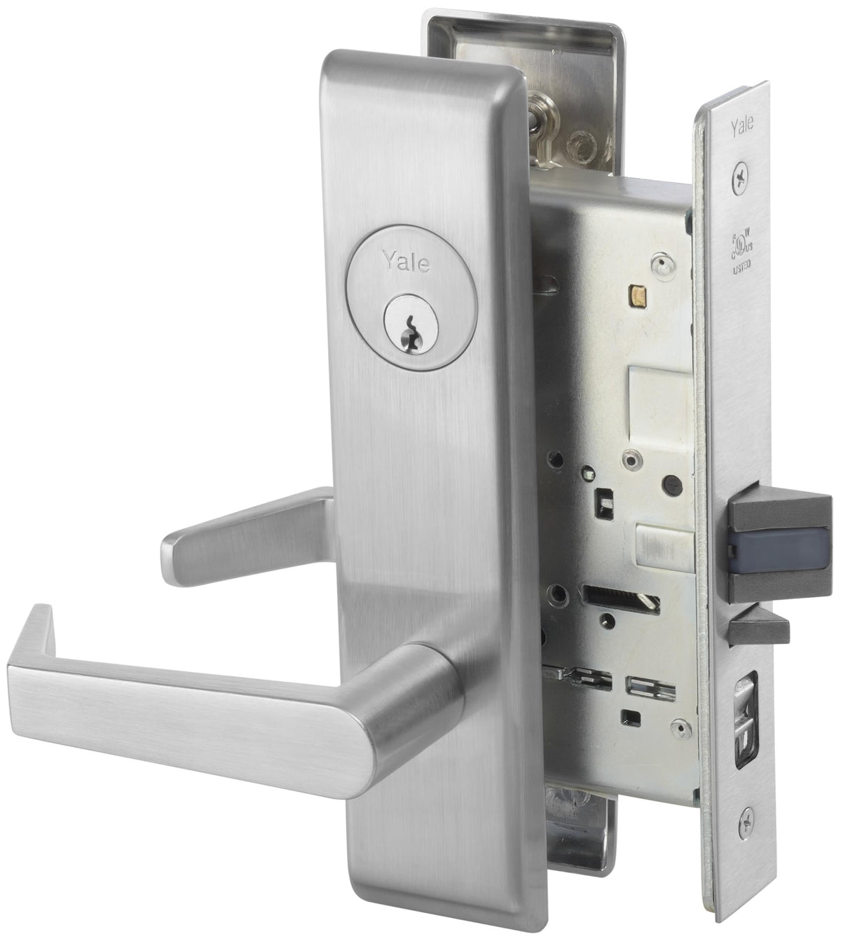 ASSA Abloy Accentra AUCN8808FL626 Classroom Mortise Lock with Augusta Lever and Camden Escutcheon with E1R Para Keyway with 2815 Curved Lip Strike Satin Chrome Finish.