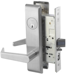 ASSA Abloy Accentra AUCN8808FL626 Classroom Mortise Lock with Augusta Lever and Camden Escutcheon with E1R Para Keyway with 2815 Curved Lip Strike Satin Chrome Finish.