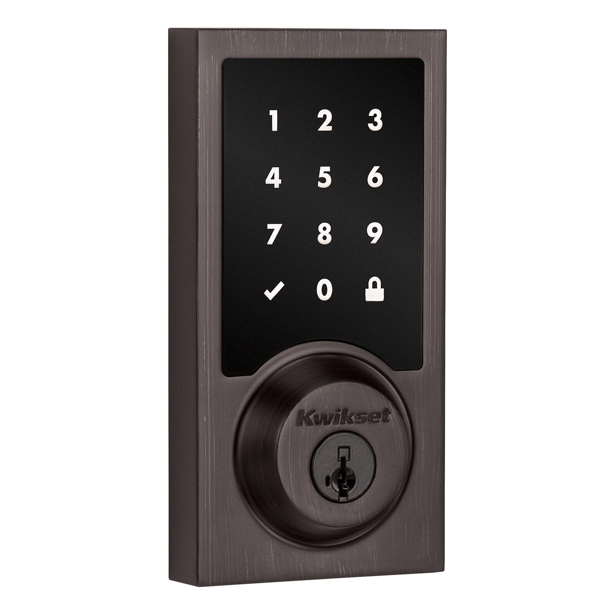 Kwikset 918CNTZW700-11PS Contemporary Home Connect Touchscreen Connected Smart Lock Deadbolt with Z-Wave 700 Long Range and SmartKey with RCALFD Latch and RCS Strike Venetian Bronze Finish.
