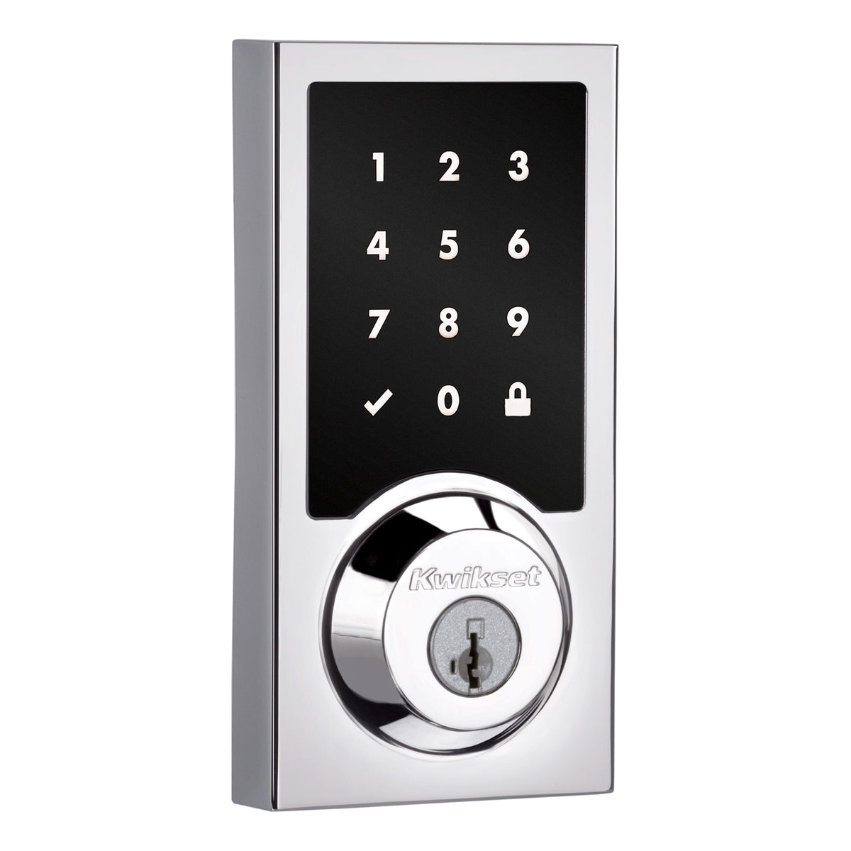 Kwikset 918CNTZW700-26S Contemporary Home Connect Touchscreen Connected Smart Lock Deadbolt with Z-Wave 700 Long Range and SmartKey with RCALFD Latch and RCS Strike Bright Chrome Finish.
