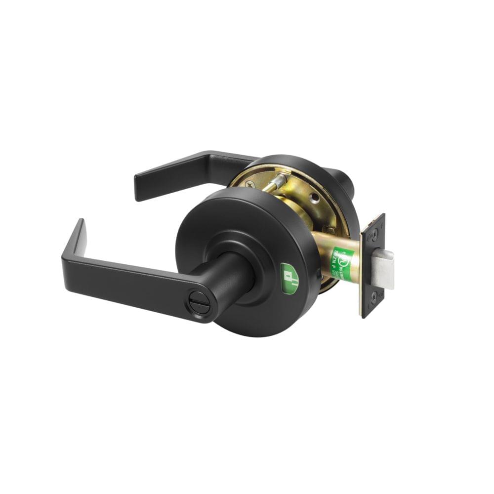 ASSA Abloy Accentra AUYPL02BSP Privacy Cylindrical Indicator Lock Augusta Lever with Red / Green Locked / Unlocked Logo Window with 2-3/4" Backset and ANSI Strike BSP Black Suede Powder Coat Finish.