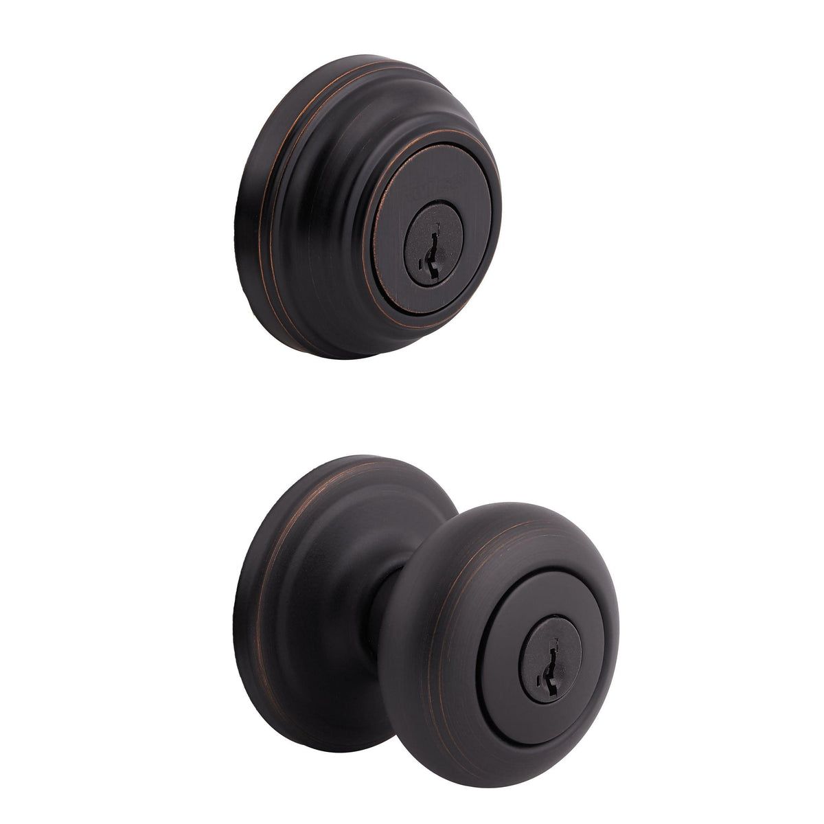 Kwikset CP991J-11PS Clear Pack Combo Juno Knob Entry with Single Cylinder Deadbolt SmartKey with 6AL Latch and RCS Strike KA4 Venetian Bronze Finish.