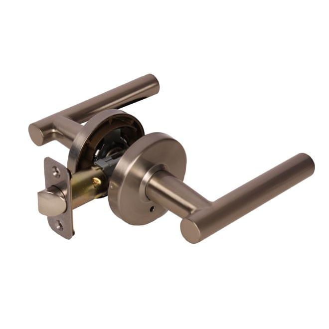Pamex FLTP08C Mira Lever with Round Rose Privacy Lockset Grade 3 Satin Nickel Finish.