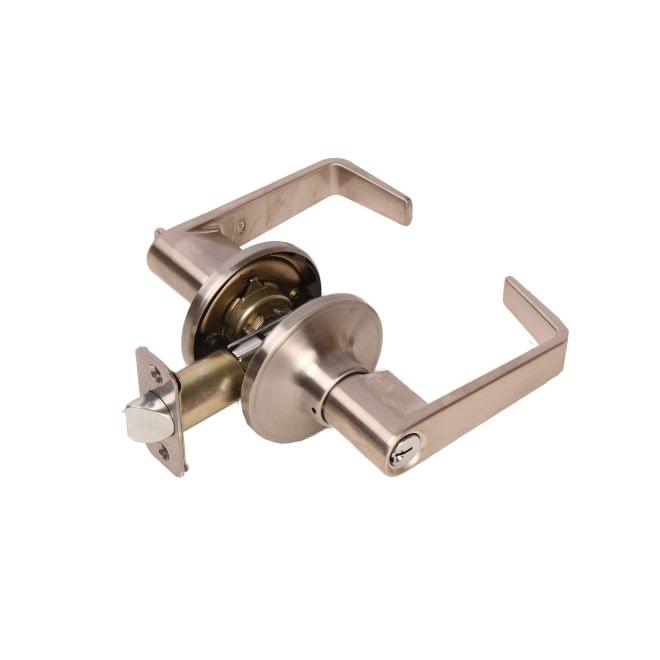 Pamex FLU600 Calypso Lever with Round Rose Keyed Entry Lockset Grade 3 with KW1 Keyway Satin Nickel Finish.