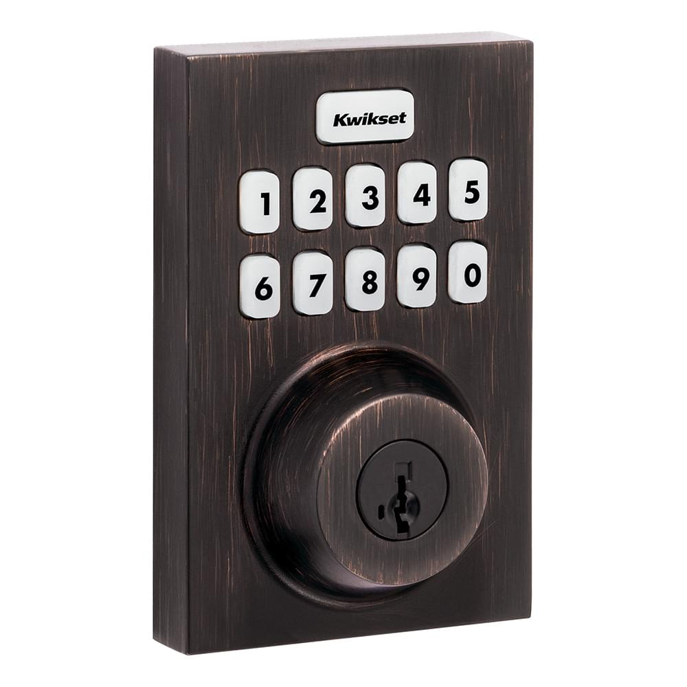 Kwikset HC620CNTZW700LR-11PS Contemporary Home Connect Keypad Connected Smart Lock Deadbolt with Z-Wave 700 Long Range and SmartKey with RCALFD Latch and RCS Strike Venetian Bronze Finish.