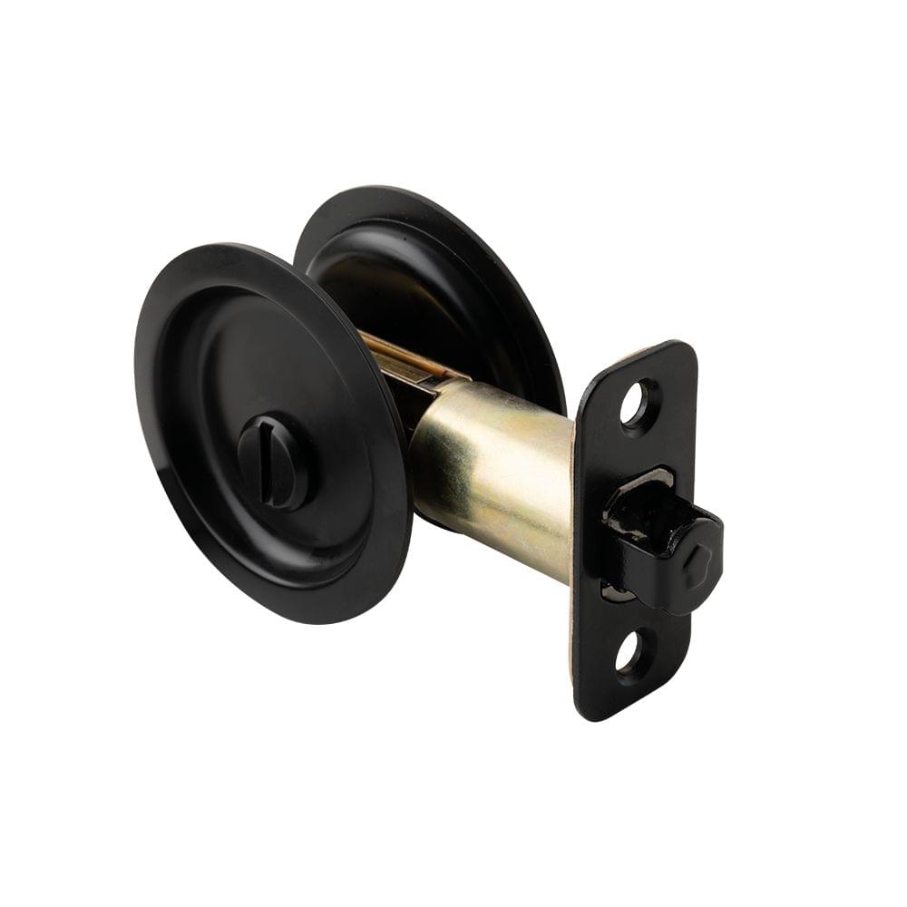 Pamex PF2910 Privacy Round Sliding Door Lock with 2-3/8" Backset Standard Matte Black Finish.