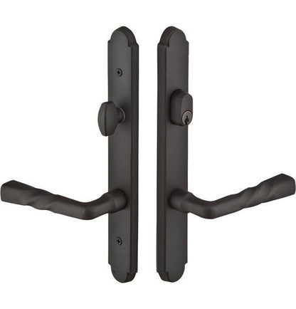 Emtek 2" x 10" Keyed Entry Multi Point Trim with 3-5/8" Center and Sandcast Bronze Arched Style Plate.