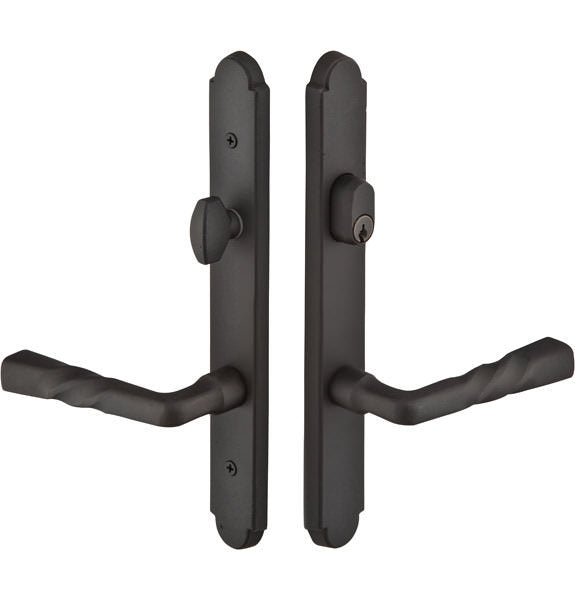 Emtek 2" x 10" Keyed Entry Multi Point Trim with 3-5/8" Center and Sandcast Bronze Arched Style Plate.