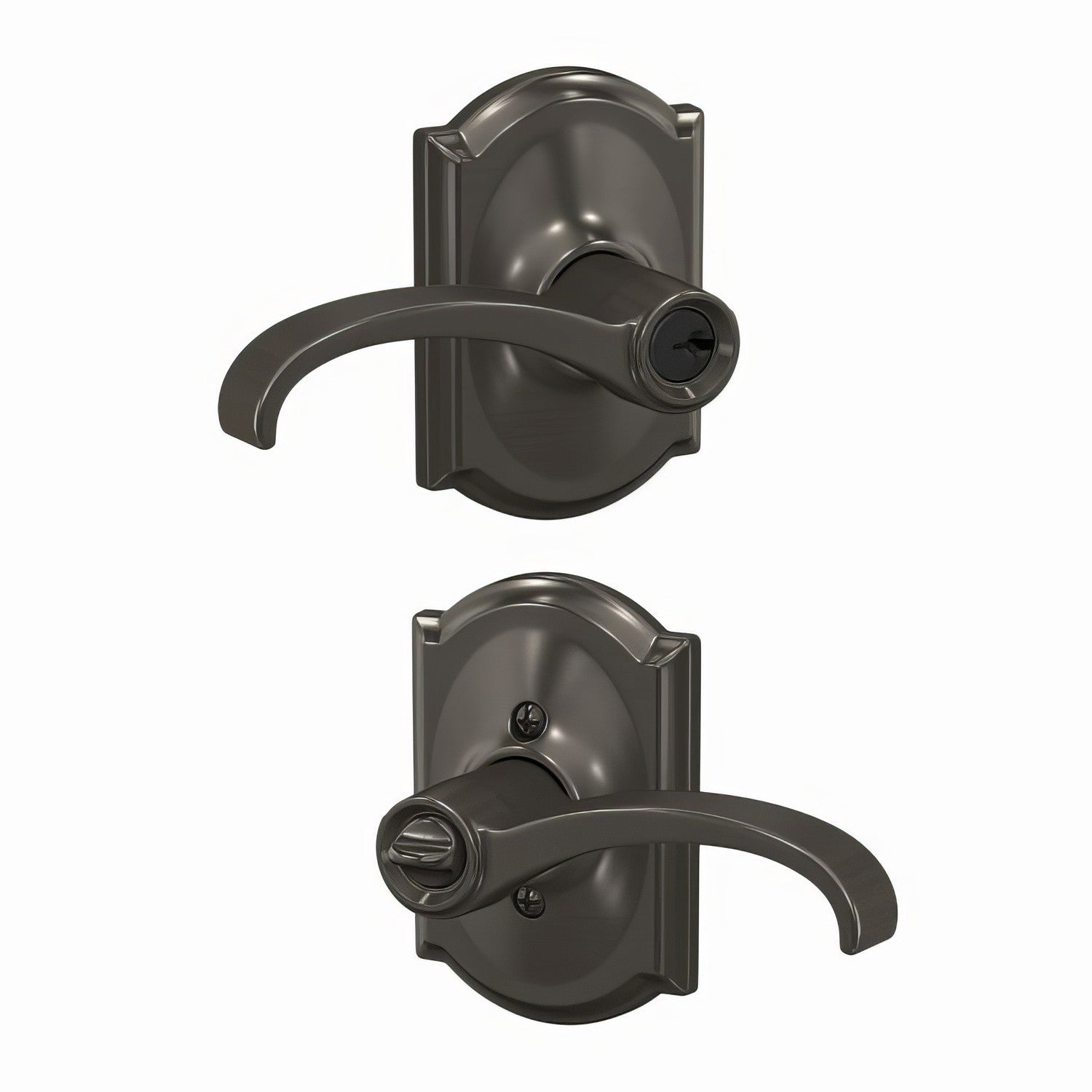Schlage F51AWIT530CAM Whitney with Camelot Rose Keyed Entry Door Lever Black Stainless.