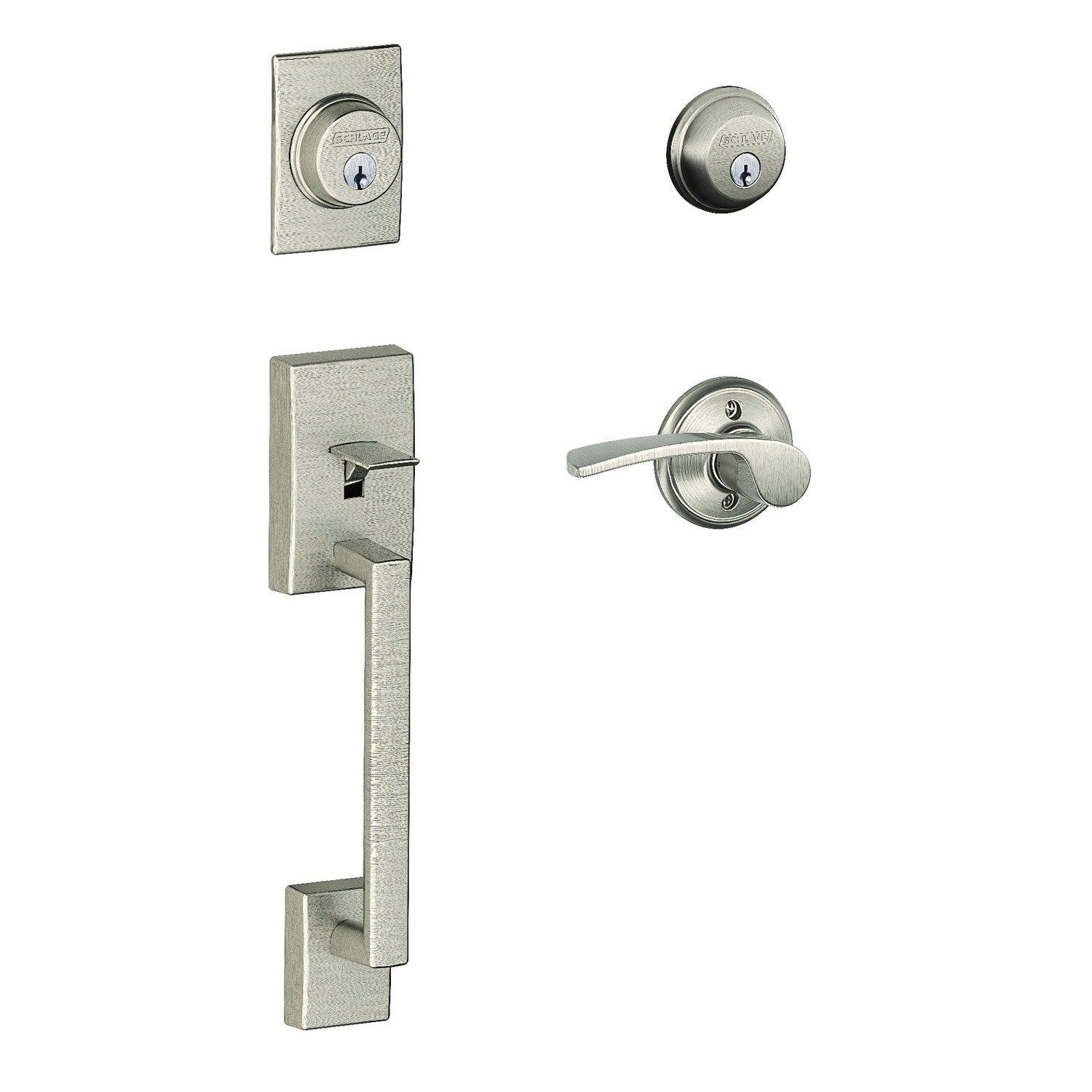 Schlage F62CEN619MERRH Right Hand Right Hand Century with Merano Lever Double Cylinder Handleset and Trim Satin Nickel.