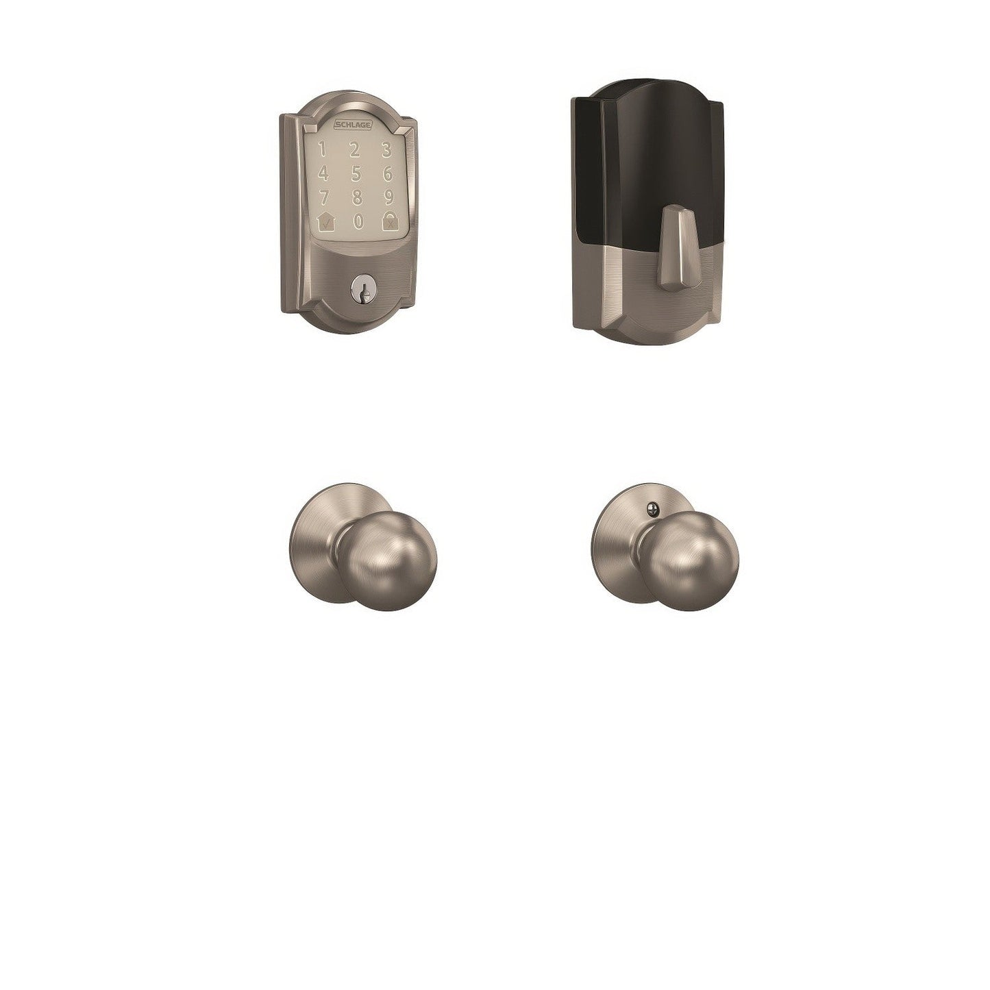 Schlage FBE489WBCCAM619ORB Camelot Encode Smart Wifi Touchscreen Deadbolt with Orbit Knob Passage Lock Combo Pack Satin Nickel