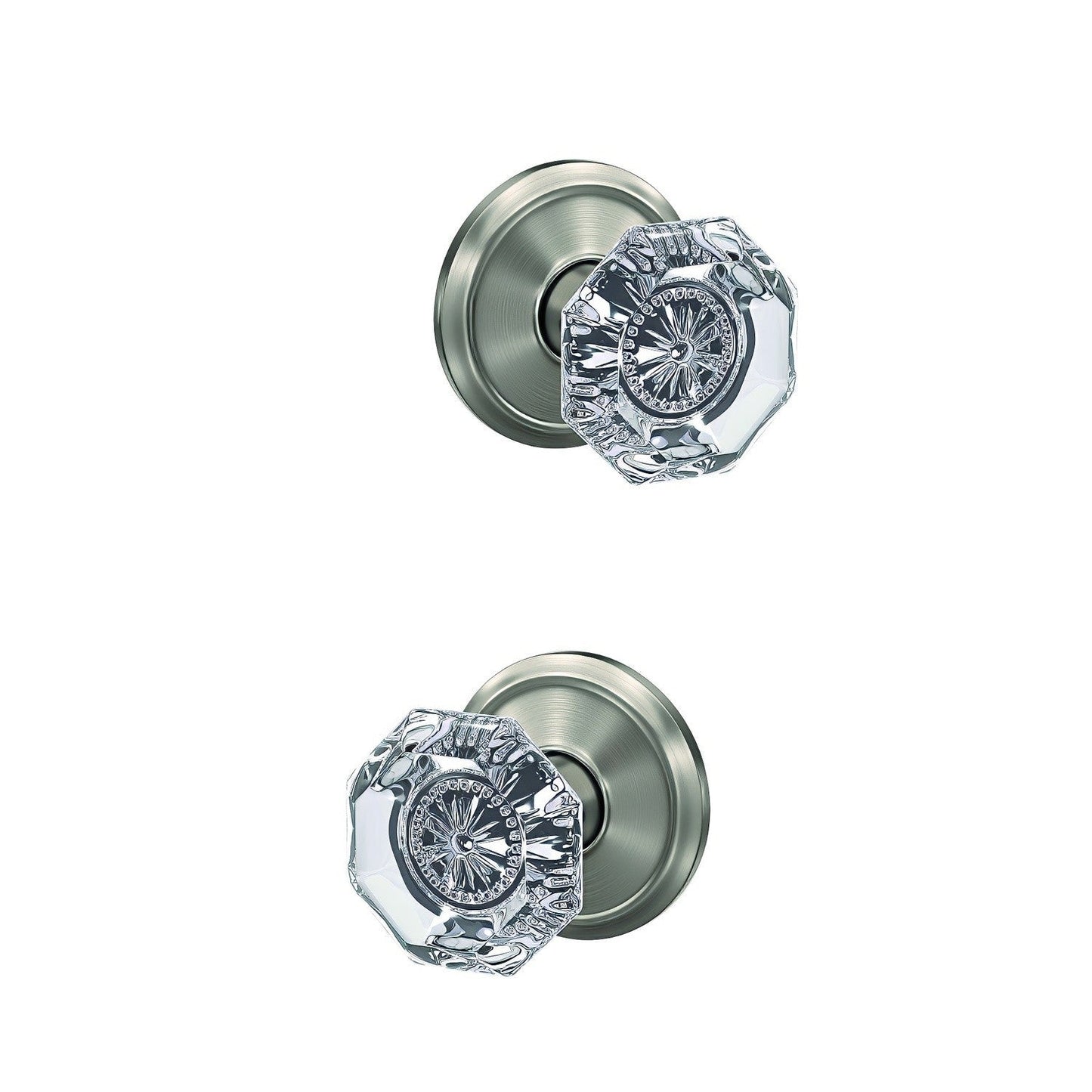 Schlage FC172ALX-ALD Alexandria Glass Knob with Alden Rose Non Turning Double Dummy Pair.