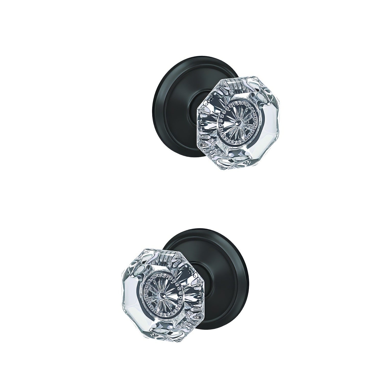 Schlage FC172ALX-ALD Alexandria Glass Knob with Alden Rose Non Turning Double Dummy Pair.