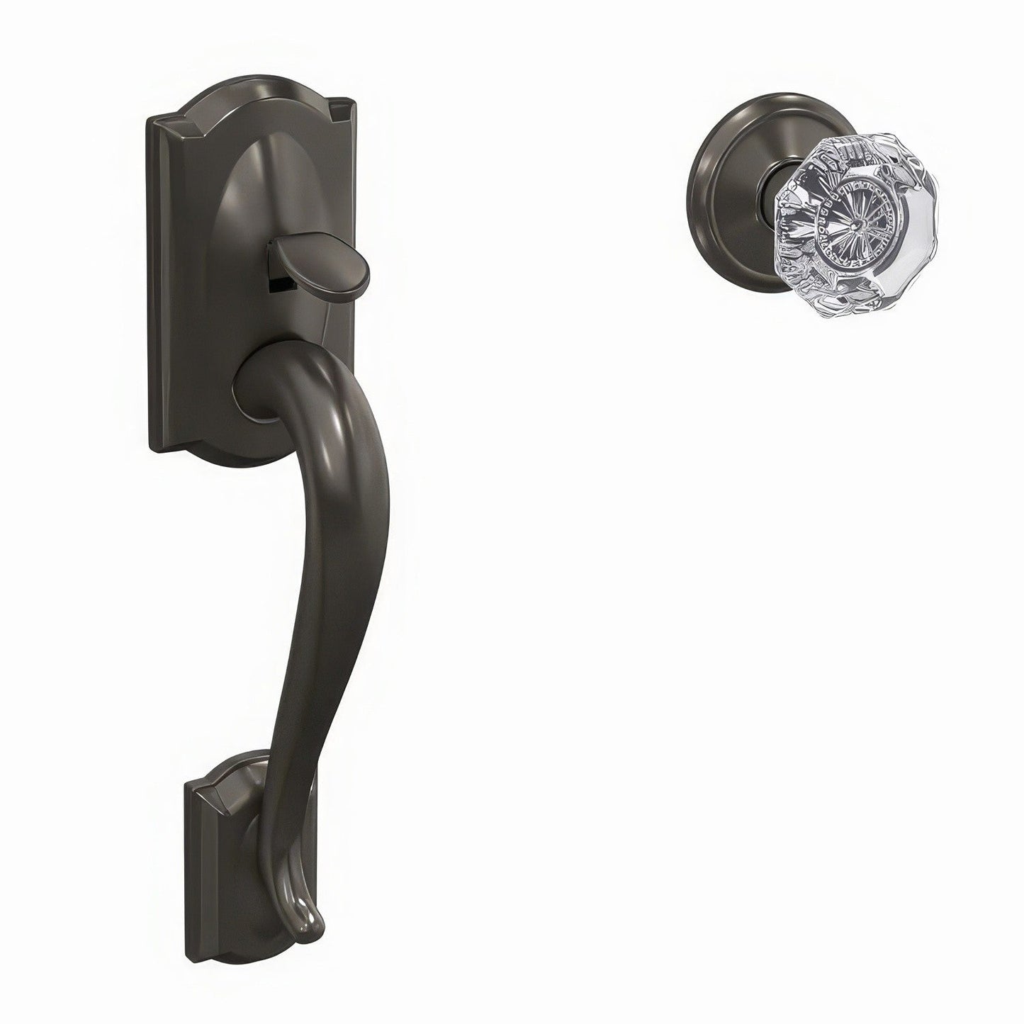 Schlage FC285CAM530ALXALD Camelot with Alexandria Glass Knob with Alden Rose Bottom Half Handleset Black Stainless