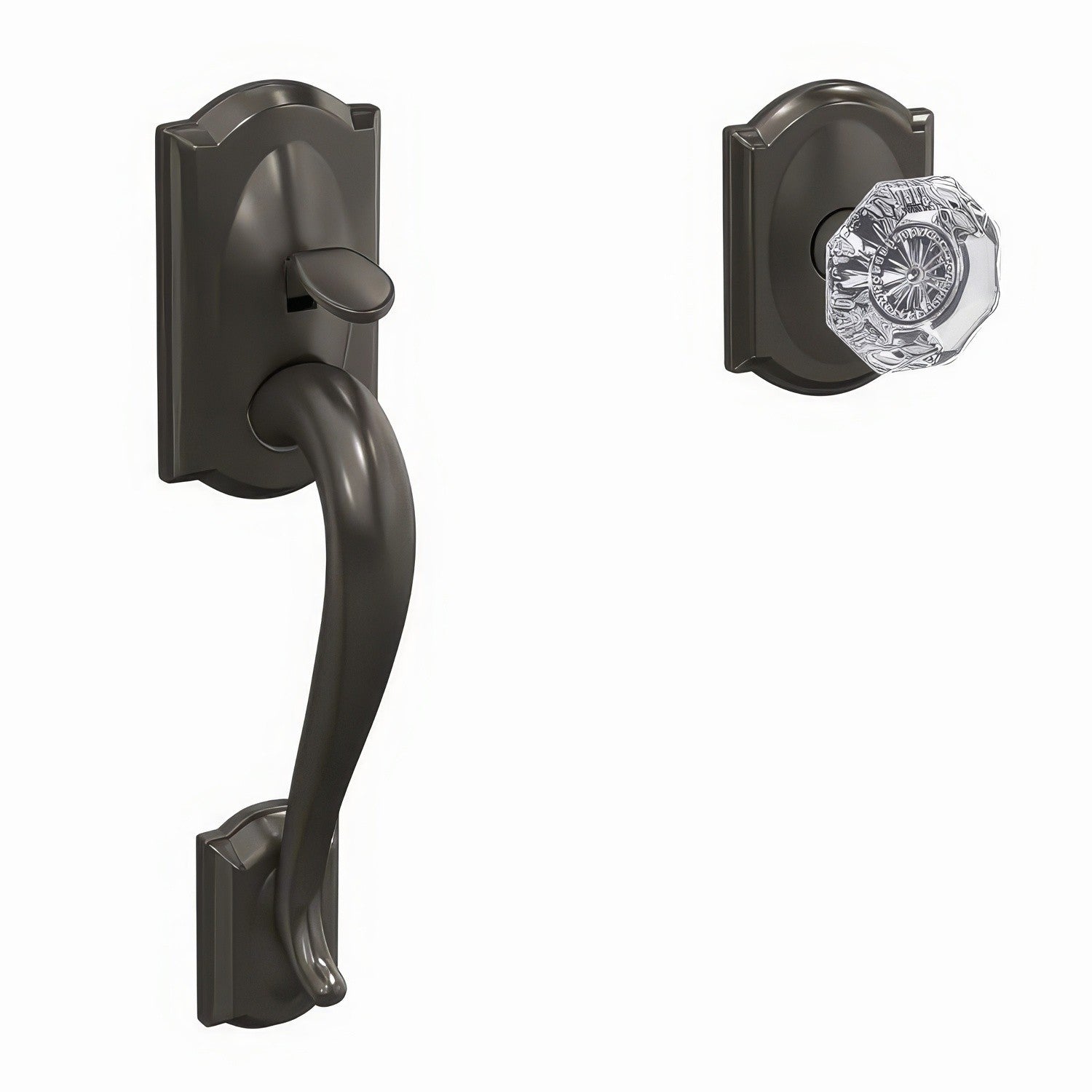 Schlage FC285CAM530ALXCAM Camelot with Alexandria Glass Knob with Camelot Rose Bottom Half Handleset Black Stainless