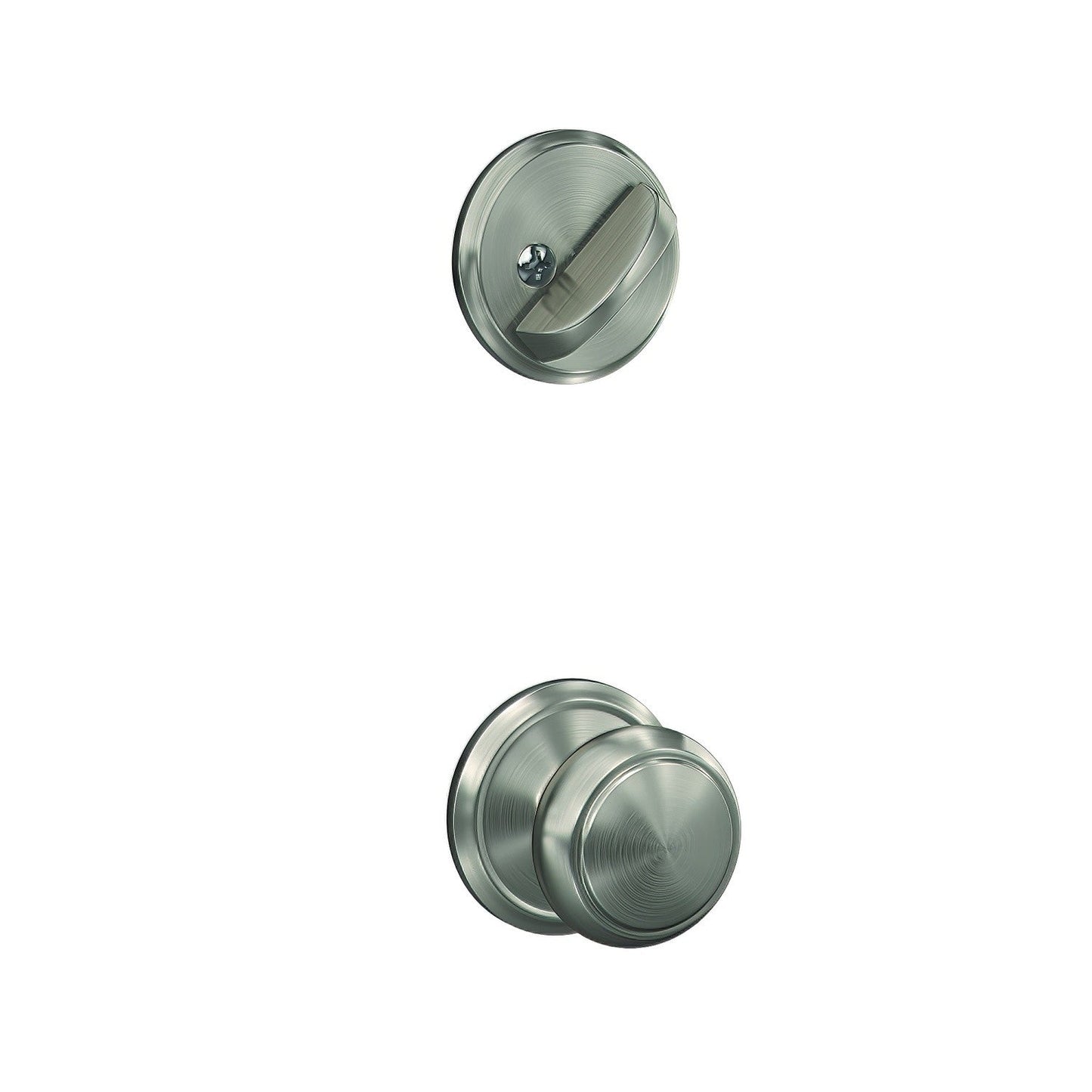 Schlage FC59AND-ALD Custom Andover Knob with Alden Rose Interior Active Trim Satin Nickel.