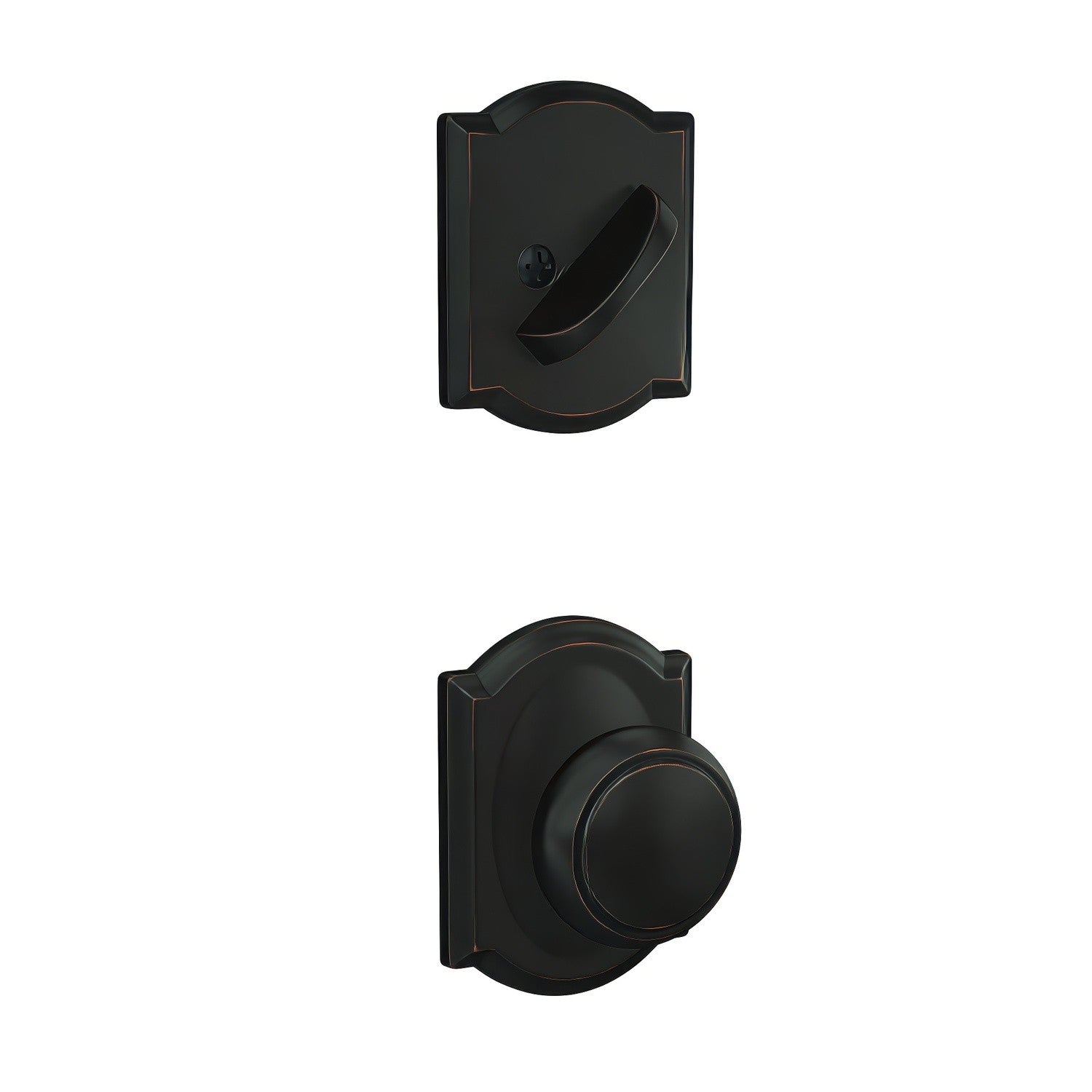 Schlage FC59AND-CAM Custom Andover Knob with Camelot Rose Interior Active Trim.