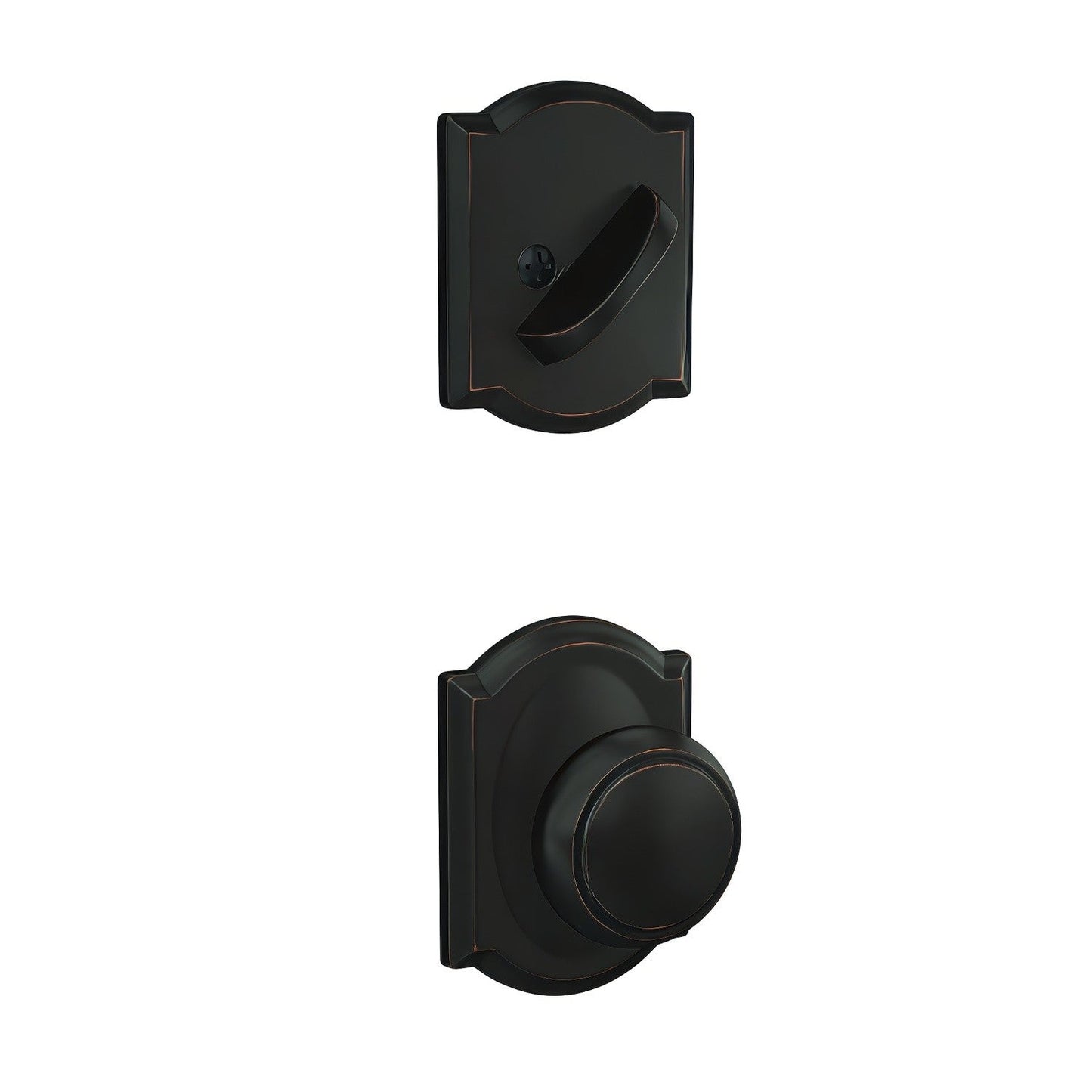 Schlage FC59AND-CAM Custom Andover Knob with Camelot Rose Interior Active Trim.