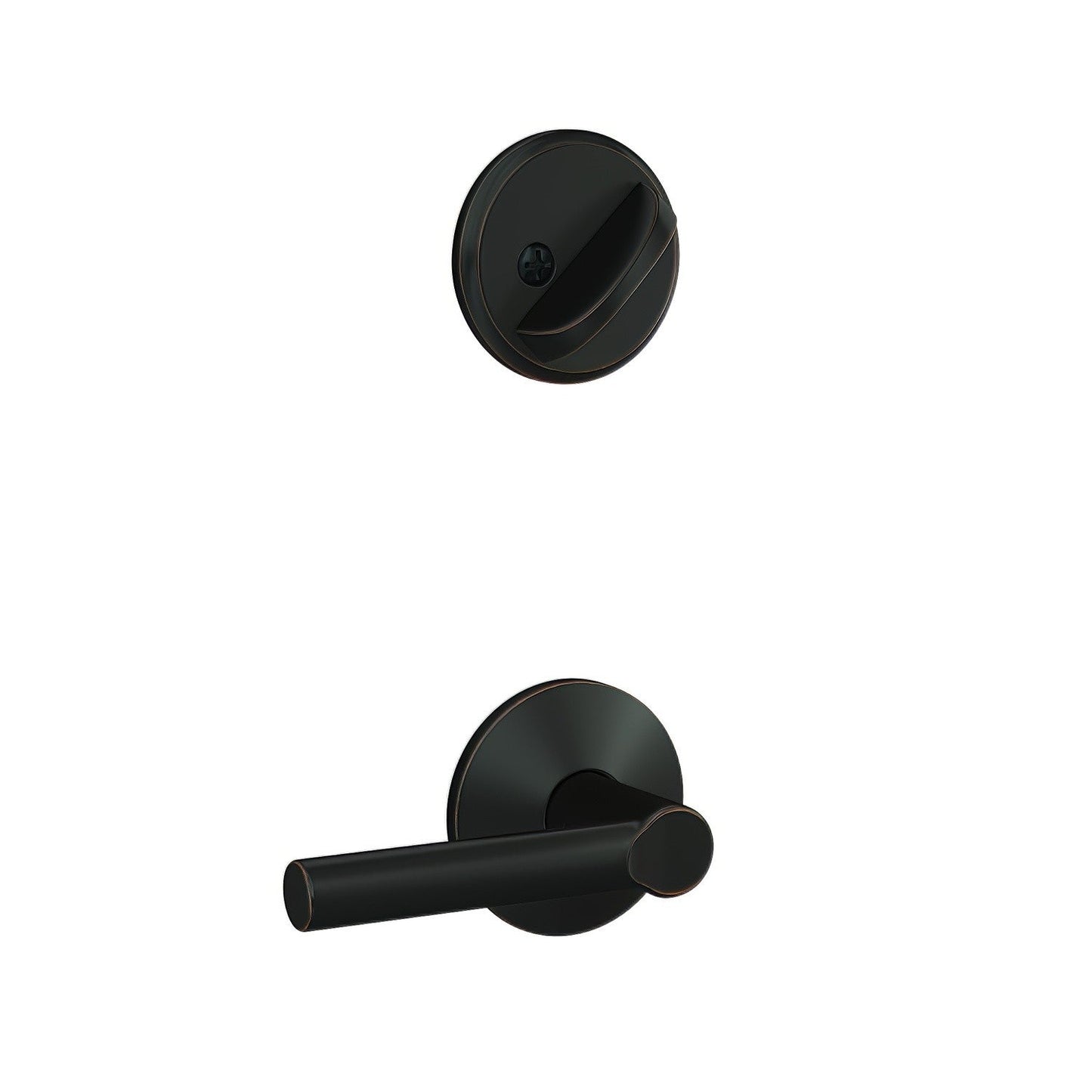 Schlage FC59BRW-KIN Custom Broadway Lever with Kinsler Rose Interior Active Trim.