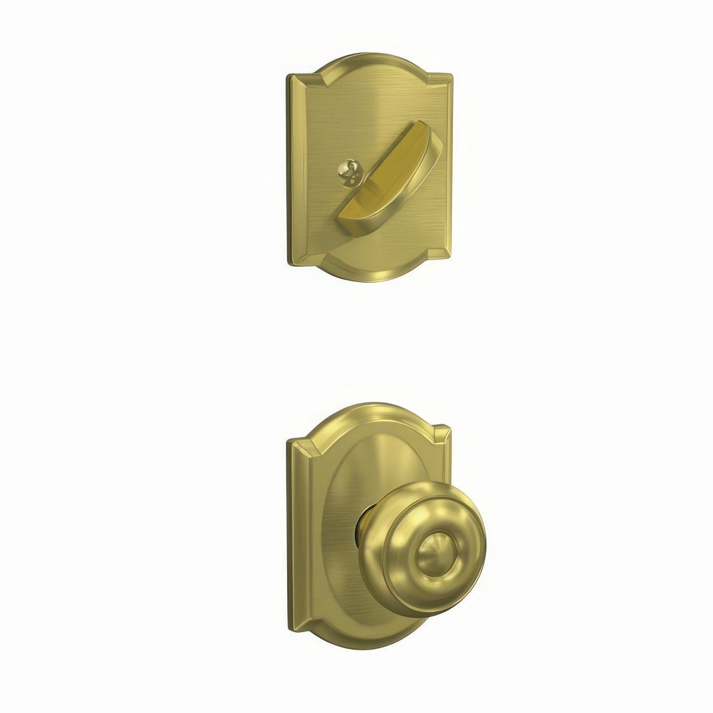 Schlage FC59GEO-CAM Custom Georgian Knob with Camelot Rose Interior Active Trim.