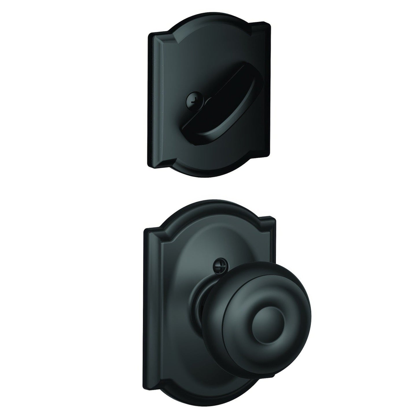 Schlage FC59GEO-CAM Custom Georgian Knob with Camelot Rose Interior Active Trim.