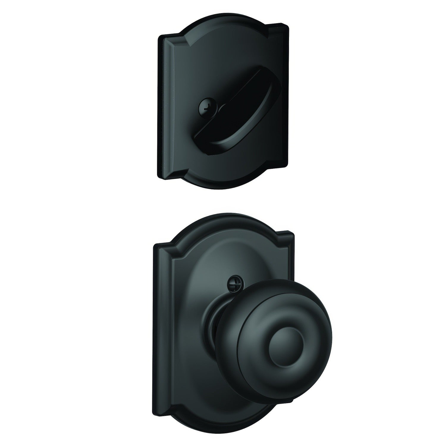Schlage FC59GEO-CAM Custom Georgian Knob with Camelot Rose Interior Active Trim.