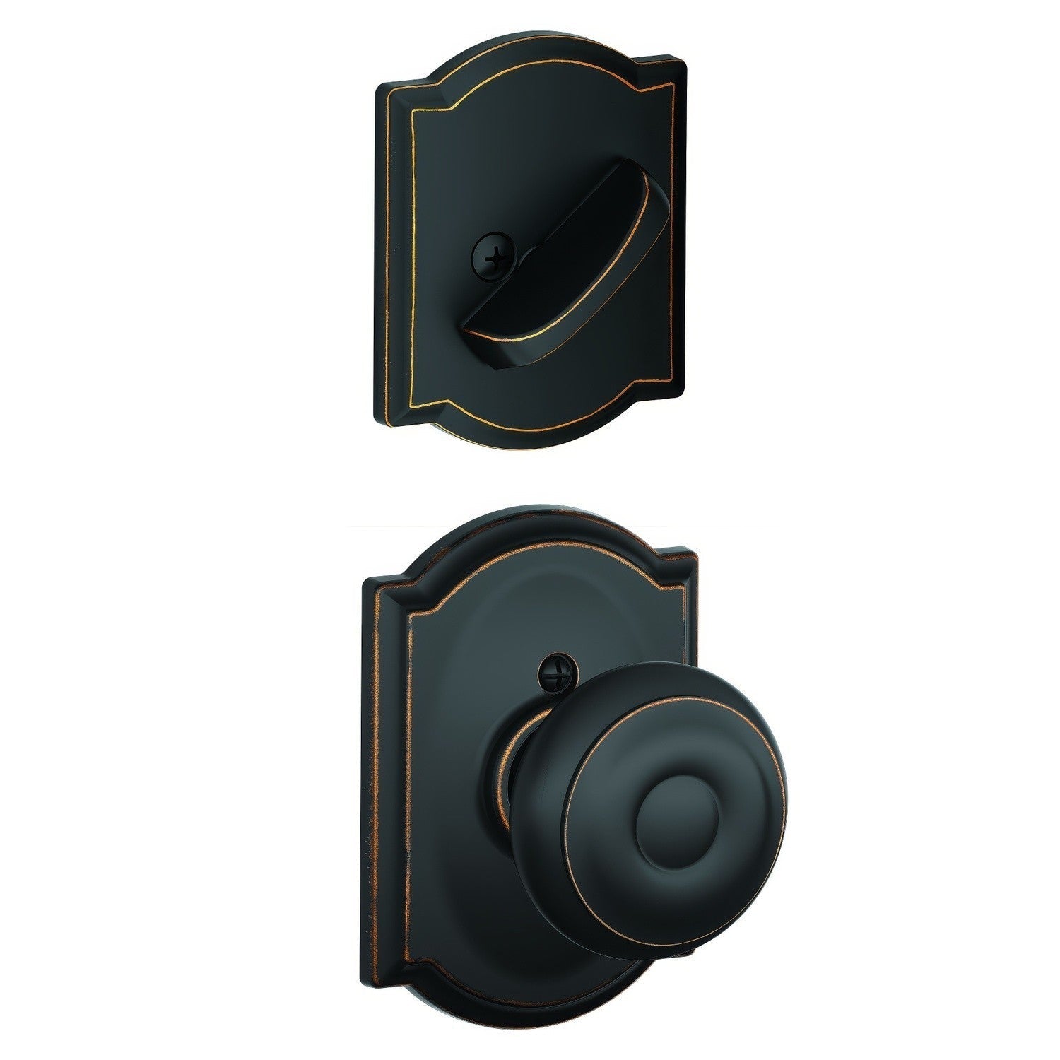 Schlage FC59GEO-CAM Custom Georgian Knob with Camelot Rose Interior Active Trim.