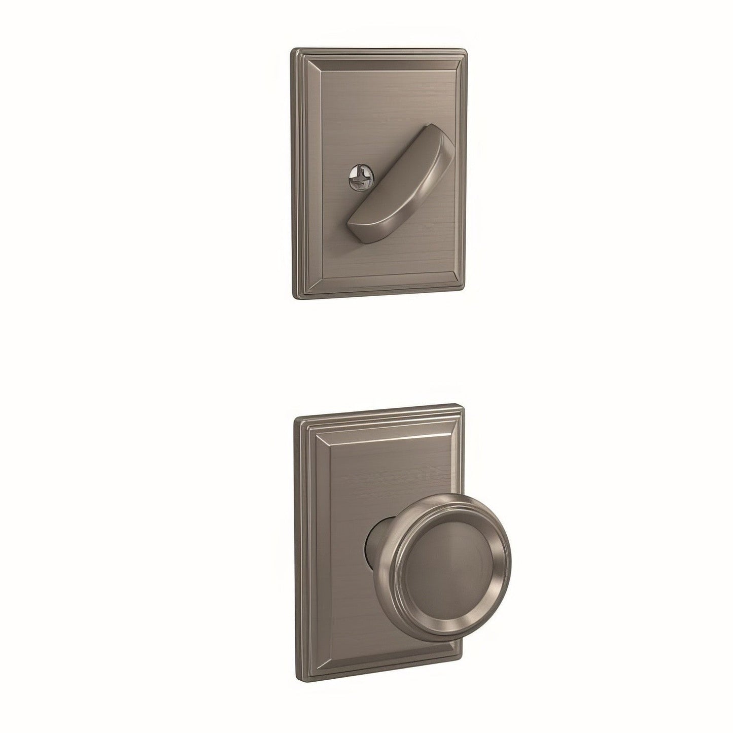 Schlage FC59OFM619GDV Offerman Knob with Grandville Rose Interior Active Trim Satin Nickel.