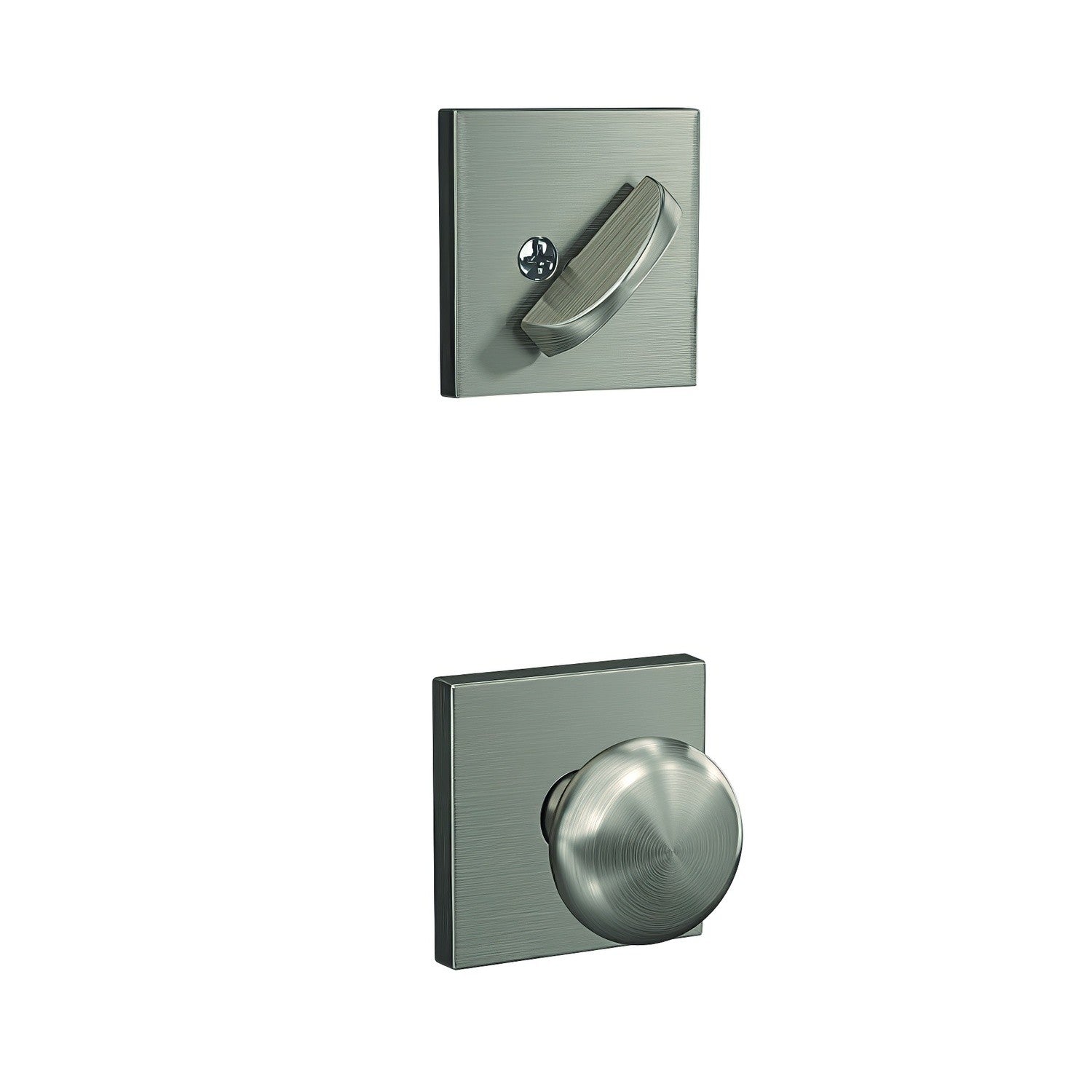 Schlage FC59PLY-COL Custom Plymouth Knob with Collins Rose Interior Active Trim Satin Nickel.