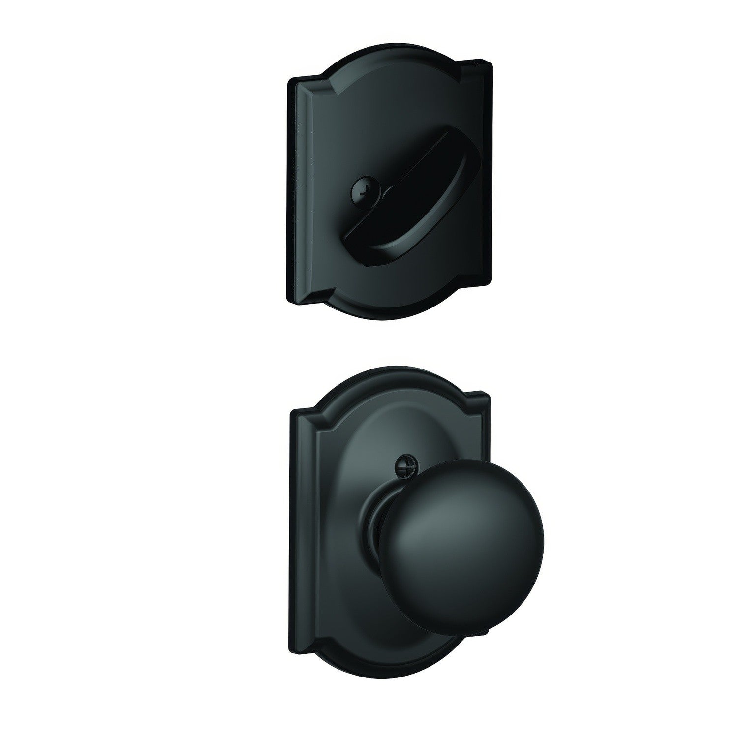 Schlage FC59PLY622CAM Custom Plymouth Knob with Camelot Rose Interior Active Trim Matte Black.