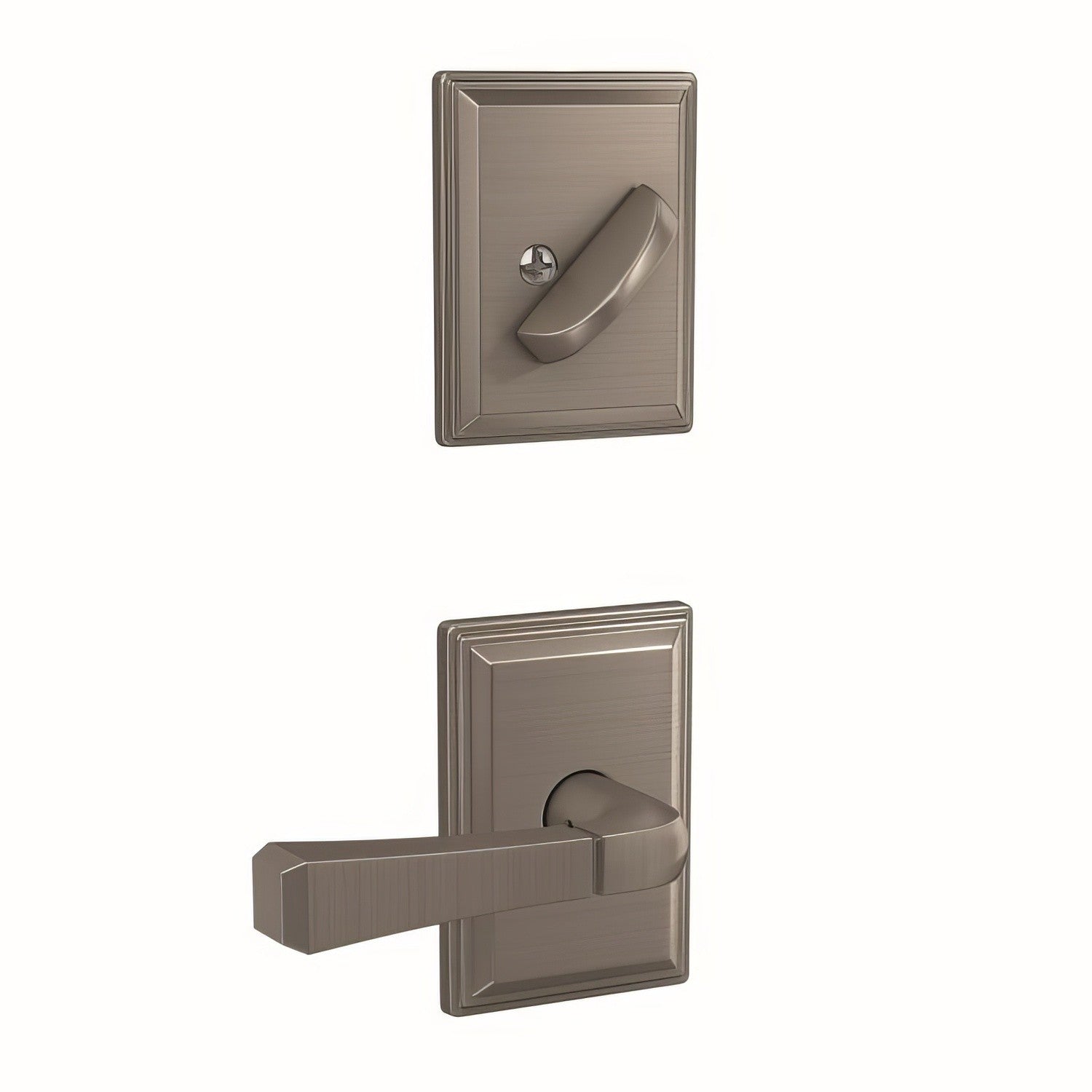 Schlage FC59RVT619GDV Rivington Lever with Grandville Rose Interior Active Trim Satin Nickel.