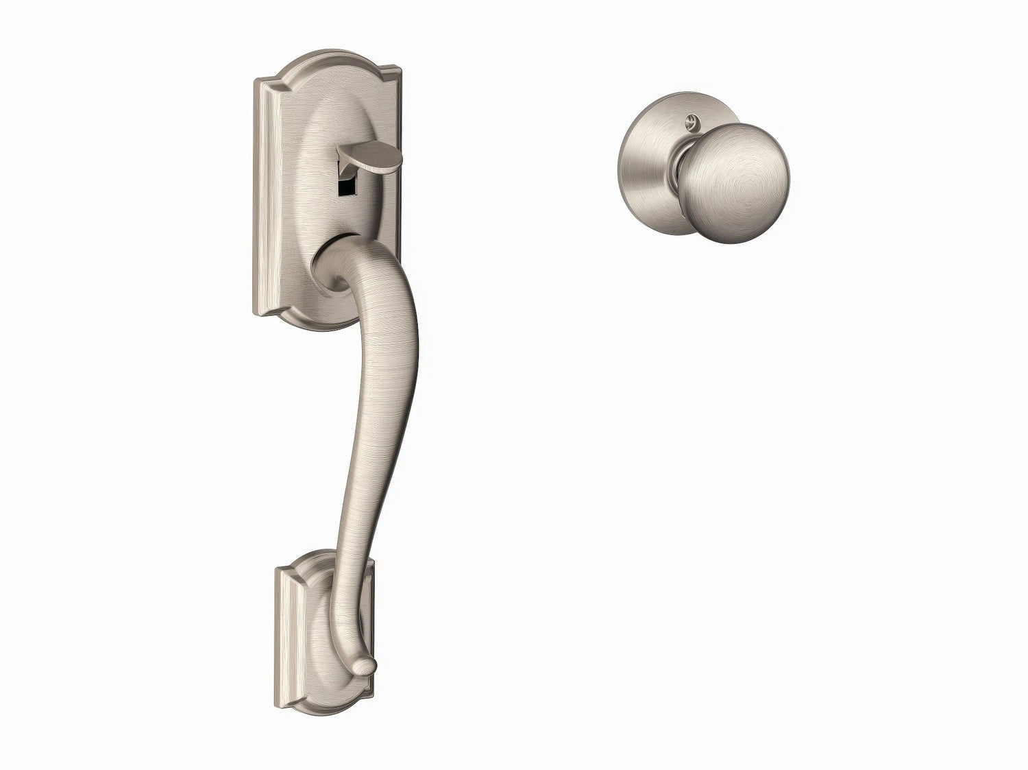Schlage FE285CAM619PLY Camelot with Plymouth Knob Bottom Half Handleset Satin Nickel