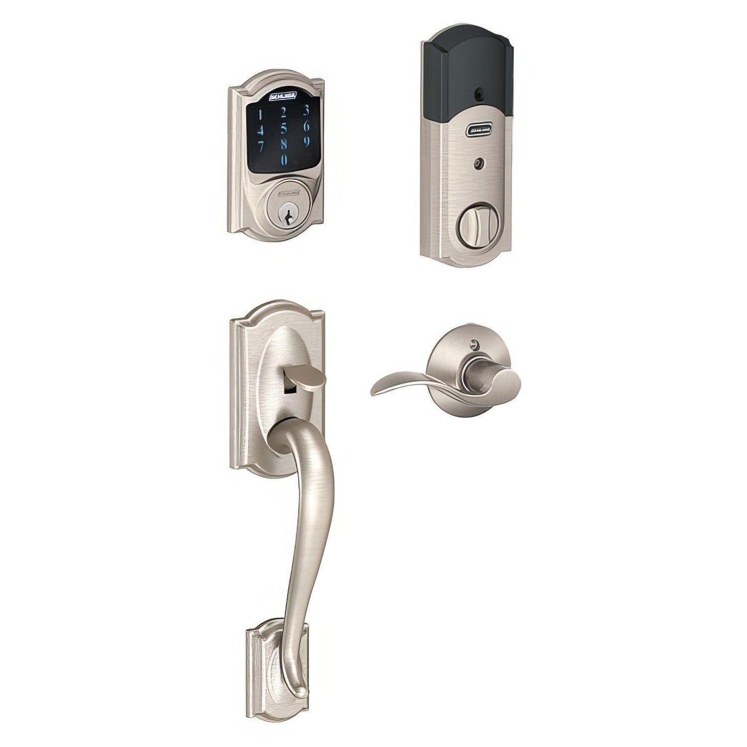Schlage FE489WBCCAM-ACC Camelot Encode Smart Wifi Touchscreen Deadbolt with Lower Camelot Handleset and Accent Lever Trim.