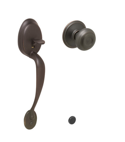 Schlage FE285-PLY-GEO Plymouth Keyed Entry Handle Set with a Georgian Interior Knob.